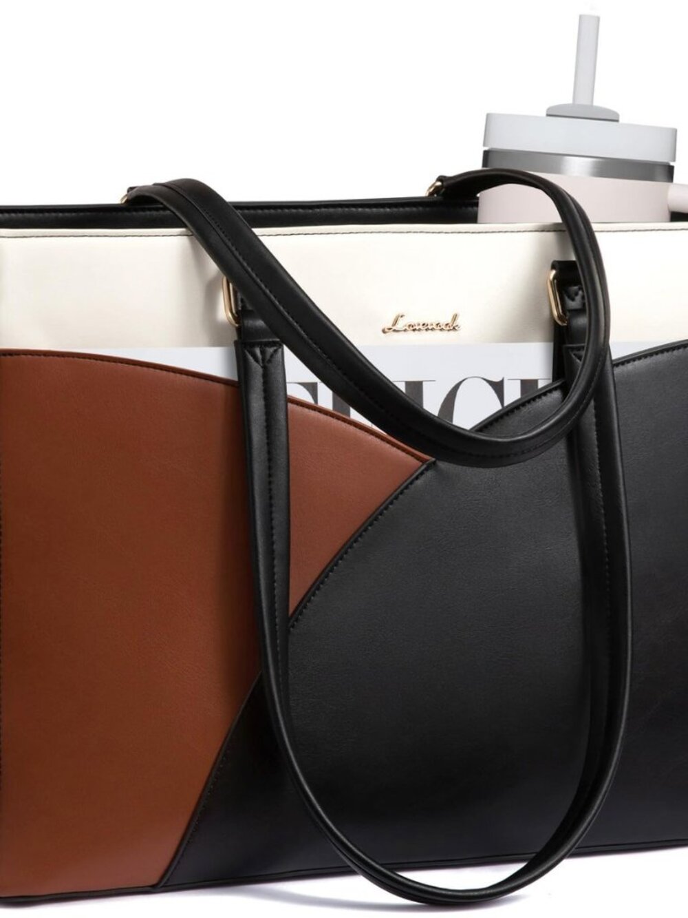 Laptop Bag for Women Laptop Tote Bag,15.6 Inch Black-White-Brown